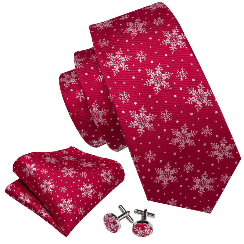 Božićna svilena muška kravata Rupčić Dugmad za manžete Set rupčića Crveno Plavo Zeleno Zlatno Kravata s pahuljicom Džepni kvadratić Barry. Wang