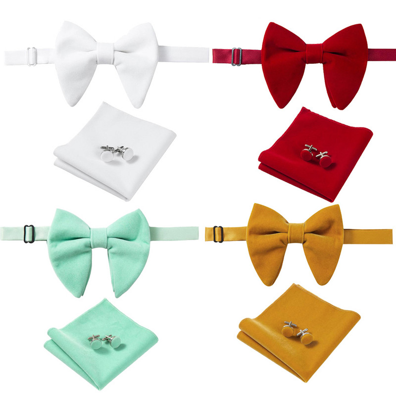 Ricnais, nou sosire, catifea, papion mari pentru bărbați, batiste solide, butoni, set papion, roșu, galben, pentru nuntă