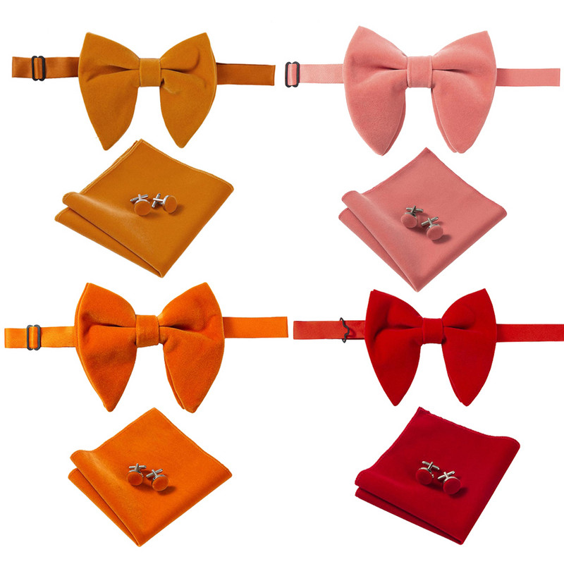 Ricnais, nou sosire, catifea, papion mari pentru bărbați, batiste solide, butoni, set papion, roșu, galben, pentru nuntă