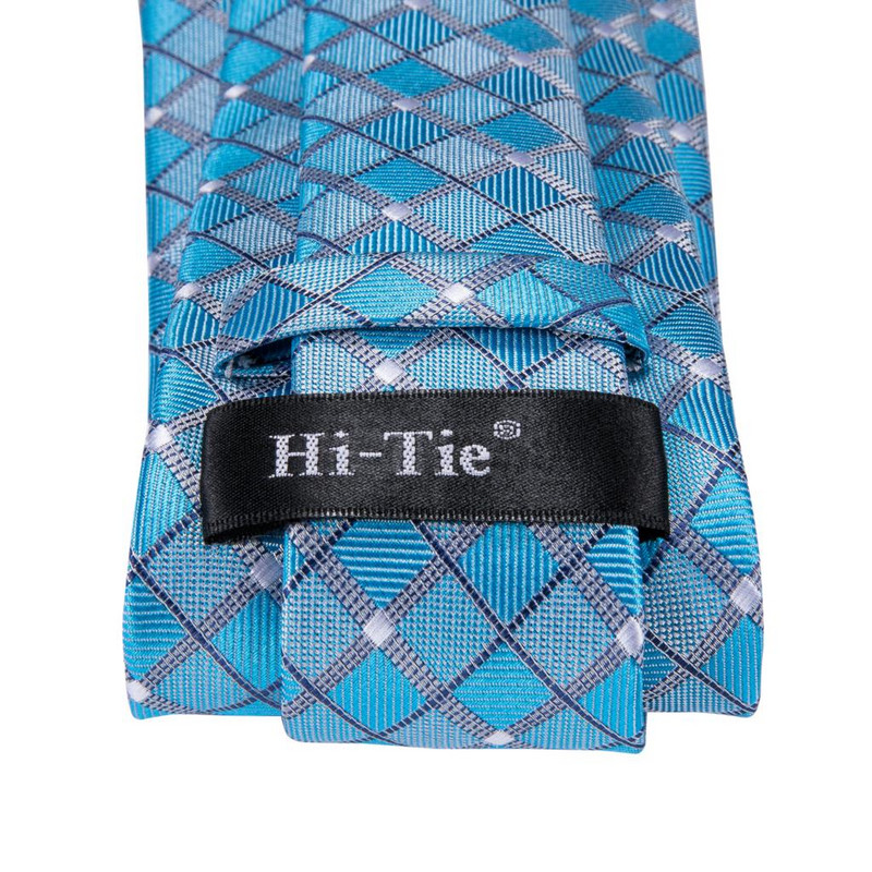 Cravată de nuntă din mătase în carouri albastru deschis pentru bărbați Cadou pentru butoni Handky Cravată pentru bărbați Designer de modă petrecere de afaceri Dropshiping Hi-Tie