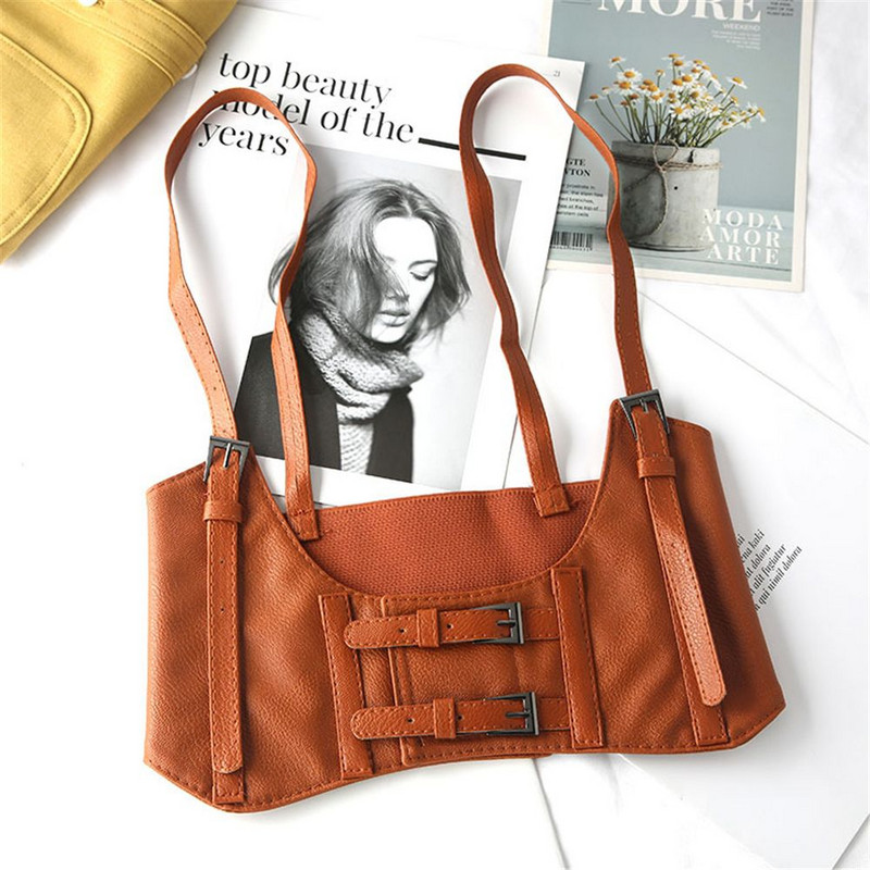 Femei Vintage cu cataramă dublă gotic din imitație din piele sub bust Corset exterior haine Decorare Cincher Crop Top Vesta centura din talie