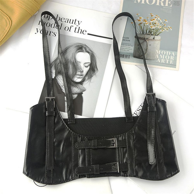 Femei Vintage cu cataramă dublă gotic din imitație din piele sub bust Corset exterior haine Decorare Cincher Crop Top Vesta centura din talie