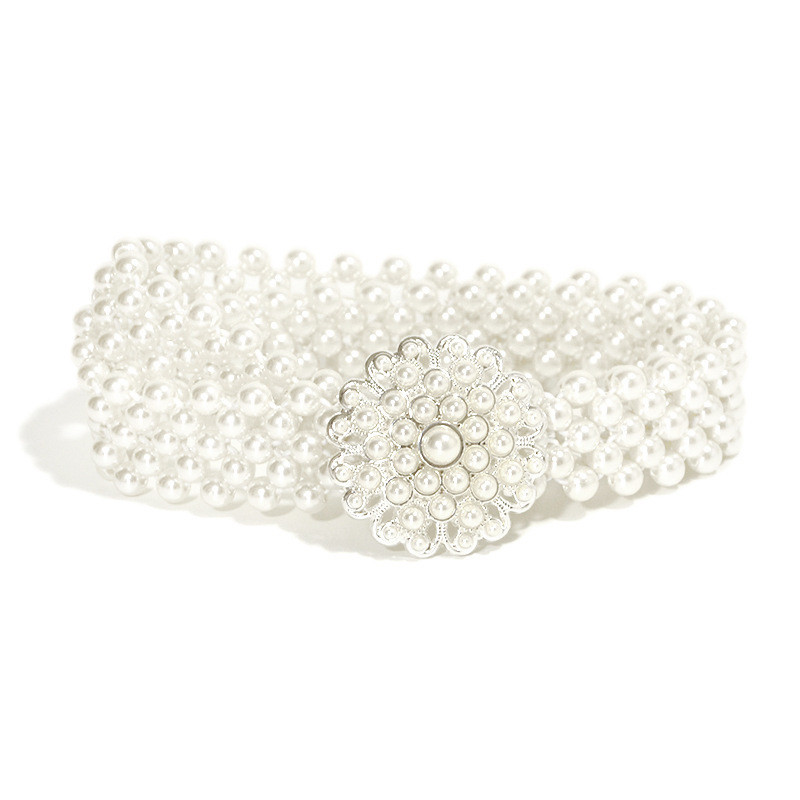 Európa és az Egyesült Államok Pearl Belt Girl Pearl Virág strasszos díszítés Elasztikus deréklánc fehér ruhával