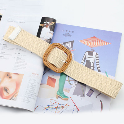 Lažni slamnati pleteni okrugli četvrtasti pojas s kopčom Prozračni šuplji elastični ukrasni široki pojas Pleteni pojas Ženski pleteni pojas