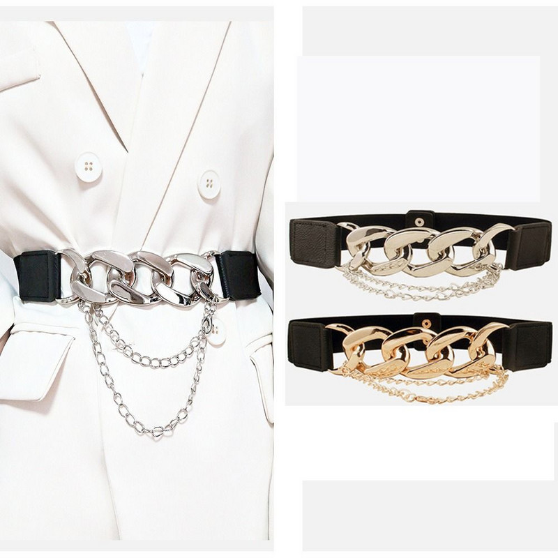 Luxus hátsó csat derékpánt arany ezüst lánc öv elasztikus fém deréköv női sztreccs női kabát derékpánt
