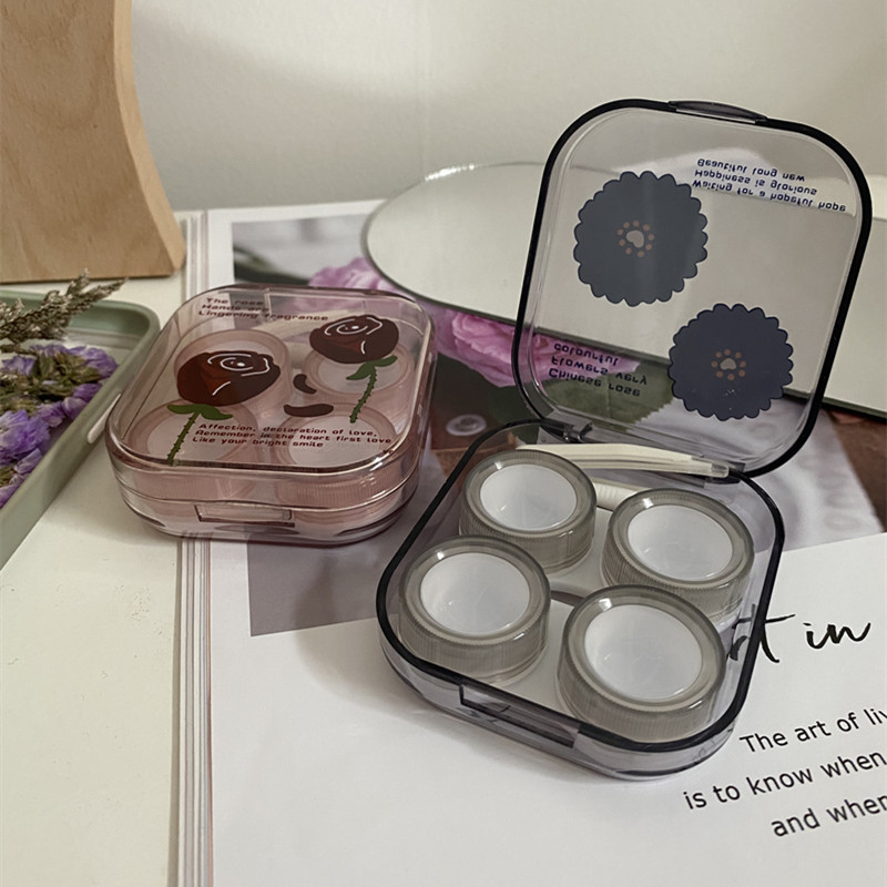 Rózsavirág átlátszó kontaktlencse tok Retro hordozható, ápoló szépségápolási kontaktlencse doboz, többszörösen csomagolt tárolódoboz