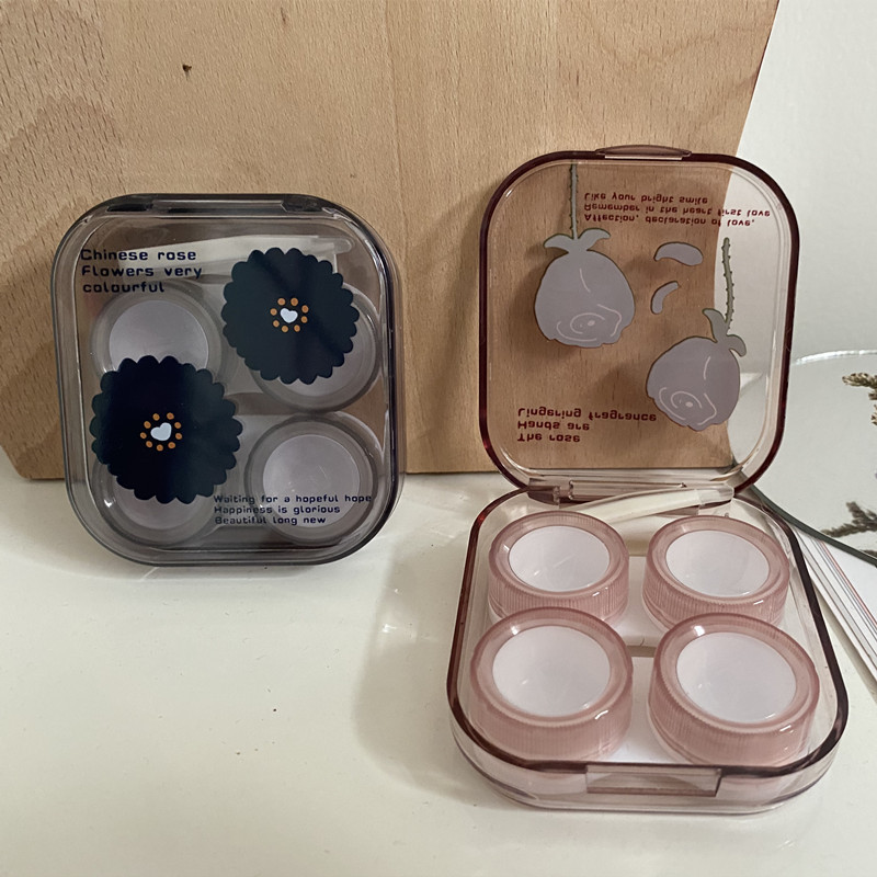 Rózsavirág átlátszó kontaktlencse tok Retro hordozható, ápoló szépségápolási kontaktlencse doboz, többszörösen csomagolt tárolódoboz