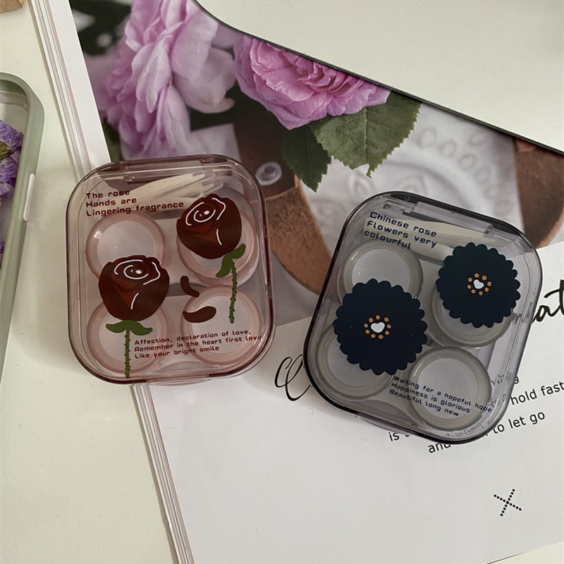 Rózsavirág átlátszó kontaktlencse tok Retro hordozható, ápoló szépségápolási kontaktlencse doboz, többszörösen csomagolt tárolódoboz