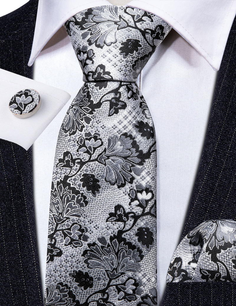 Divat Szürke Virágos Férfi Selyem Nyakkendő Bross Férfi Nyakkendő Zsebkendő Mandzsettagombok Szettek Férfi Ajándék Barry.Wang tervező