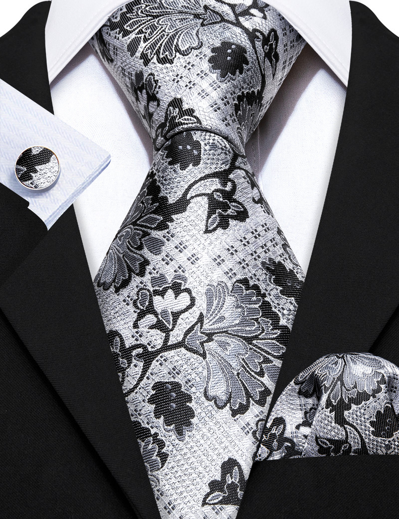 Divat Szürke Virágos Férfi Selyem Nyakkendő Bross Férfi Nyakkendő Zsebkendő Mandzsettagombok Szettek Férfi Ajándék Barry.Wang tervező