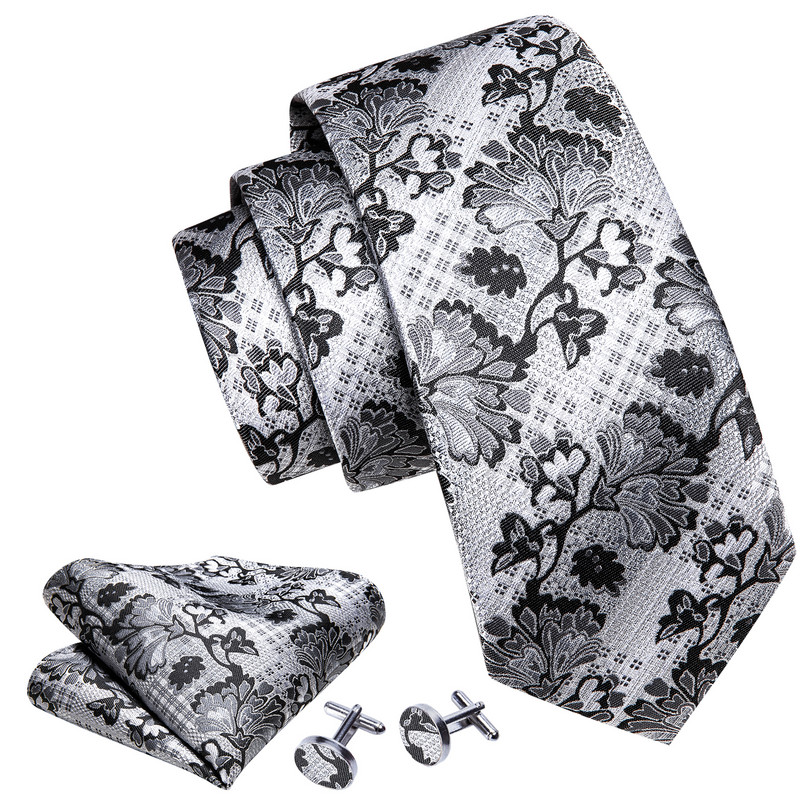Divat Szürke Virágos Férfi Selyem Nyakkendő Bross Férfi Nyakkendő Zsebkendő Mandzsettagombok Szettek Férfi Ajándék Barry.Wang tervező