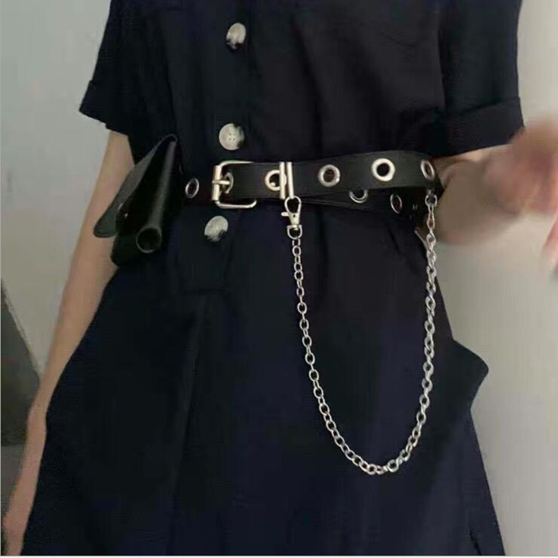 Novi 2021. modni ženski punk Harajuku lančani remen s podesivim rupicama u nizu i trapericama s lančićima Ukrasni crni remeni za djevojke