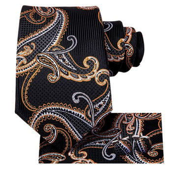 Hi-Tie Gold Black Пейсли копринена сватбена вратовръзка за мъже Handky копче за ръкавели Моден дизайнерски подарък вратовръзка за мъже Вратовръзка Business Party