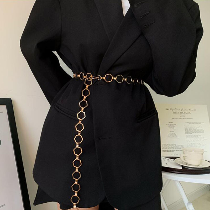 Divat Hatszög alakú női deréklánc Geometrikus öv nőknek Arany Sliver Fém övek Állítható öltöny ruha Női derékpánt
