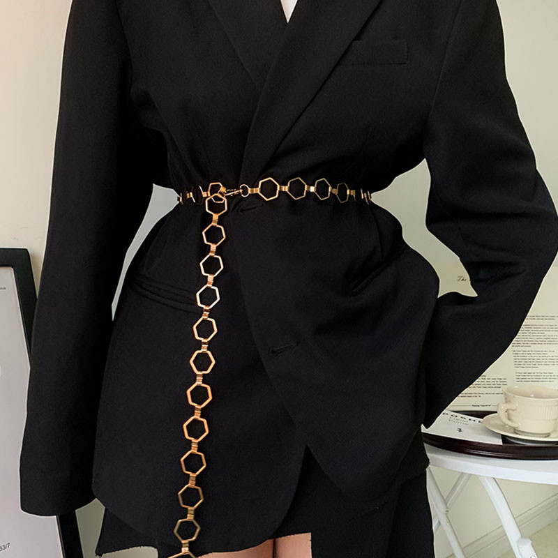 Divat Hatszög alakú női deréklánc Geometrikus öv nőknek Arany Sliver Fém övek Állítható öltöny ruha Női derékpánt