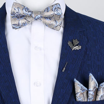 Klasszikus arany csokornyakkendő férfiaknak selyem pillangó előre megkötött virágos csokornyakkendő zsebkendő bross szett Esküvői party sárga férfi csokornyakkendő