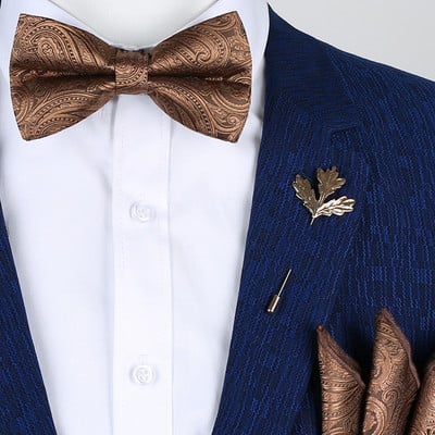 Klasszikus arany csokornyakkendő férfiaknak selyem pillangó előre megkötött virágos csokornyakkendő zsebkendő bross szett Esküvői party sárga férfi csokornyakkendő