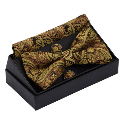 GUSLESON Muški set leptir-kravata s cvjetnim pajslijevim motivima, džepne četvrtaste dugmad za manžete s poklon kutijom za muškarce, zlatno-crvene za vjenčanje