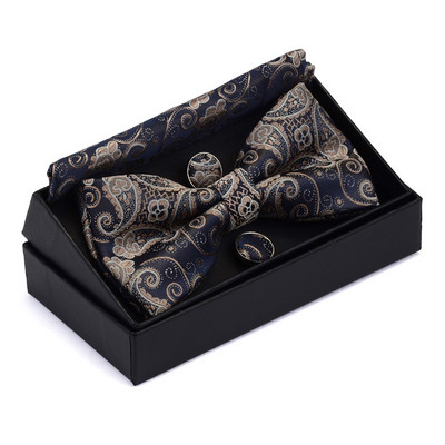 GUSLESON Muški set leptir-kravata s cvjetnim pajslijevim motivima, džepne četvrtaste dugmad za manžete s poklon kutijom za muškarce, zlatno-crvene za vjenčanje