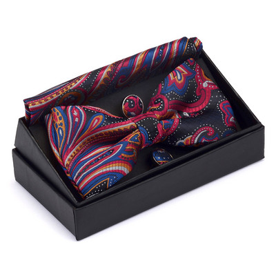 GUSLESON Muški set leptir-kravata s cvjetnim pajslijevim motivima, džepne četvrtaste dugmad za manžete s poklon kutijom za muškarce, zlatno-crvene za vjenčanje