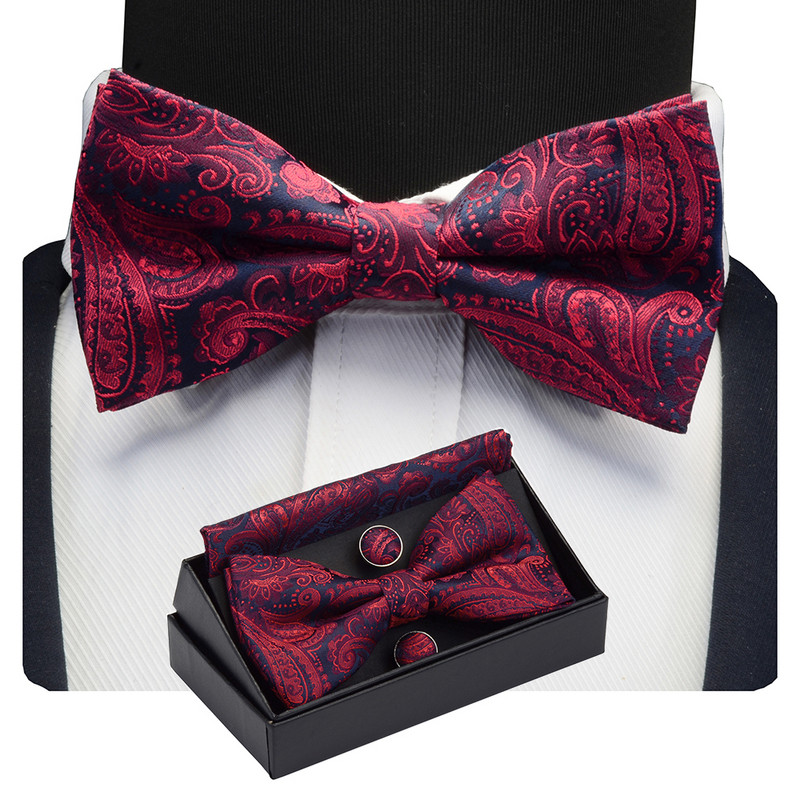 GUSLESON Muški set leptir-kravata s cvjetnim pajslijevim motivima, džepne četvrtaste dugmad za manžete s poklon kutijom za muškarce, zlatno-crvene za vjenčanje