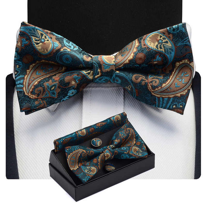 GUSLESON Muški set leptir-kravata s cvjetnim pajslijevim motivima, džepne četvrtaste dugmad za manžete s poklon kutijom za muškarce, zlatno-crvene za vjenčanje