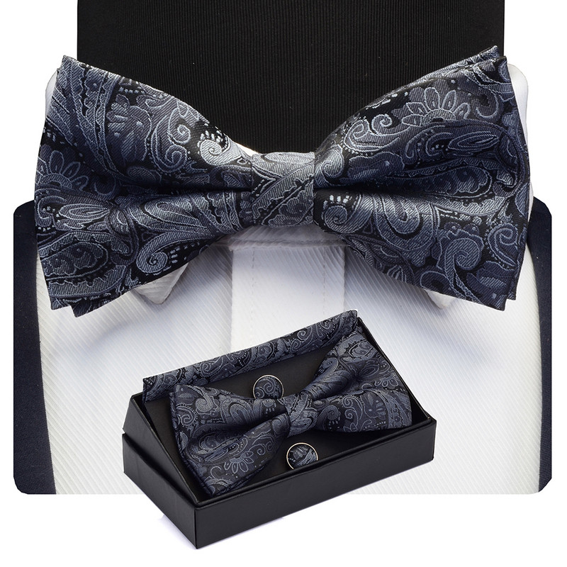 GUSLESON Muški set leptir-kravata s cvjetnim pajslijevim motivima, džepne četvrtaste dugmad za manžete s poklon kutijom za muškarce, zlatno-crvene za vjenčanje