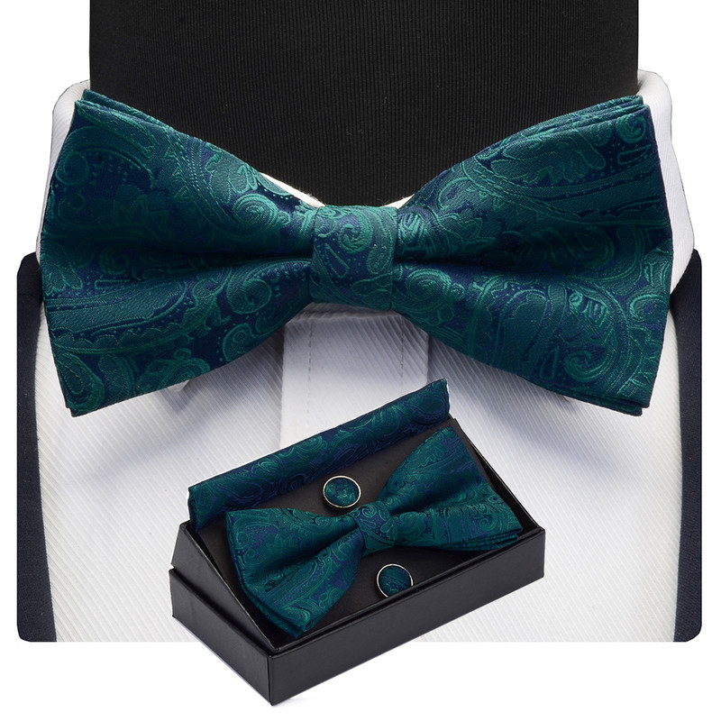 GUSLESON Muški set leptir-kravata s cvjetnim pajslijevim motivima, džepne četvrtaste dugmad za manžete s poklon kutijom za muškarce, zlatno-crvene za vjenčanje