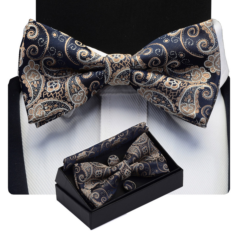 GUSLESON Muški set leptir-kravata s cvjetnim pajslijevim motivima, džepne četvrtaste dugmad za manžete s poklon kutijom za muškarce, zlatno-crvene za vjenčanje