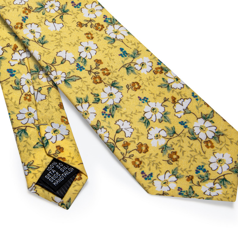 Prabangus šilko geltonos spalvos gėlėtas vyriškas kaklaraištis vestuvėms, kišeninis kvadratinis segtukų rinkinys, baltai gėlėmis margintas medvilninis kaklaraištis vyrams Priedai
