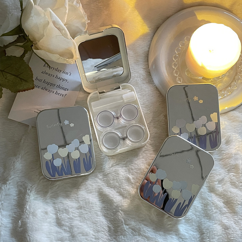 Kaasaskantav kontaktläätsede ümbris Hõbedane armas kontaktläätsede karp, õpilaste tüdrukute väike kontaktläätsede karp hulgimüük