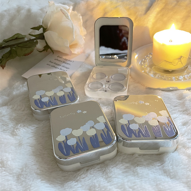 Kaasaskantav kontaktläätsede ümbris Hõbedane armas kontaktläätsede karp, õpilaste tüdrukute väike kontaktläätsede karp hulgimüük