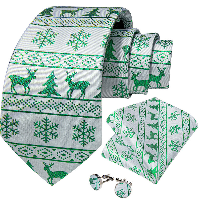 Božićni set kravata za muškarce Zelena pahuljica Print Jacquard tkana kravata Set džepnih četvrtastih manžeta Dodaci za zabavu Poklon