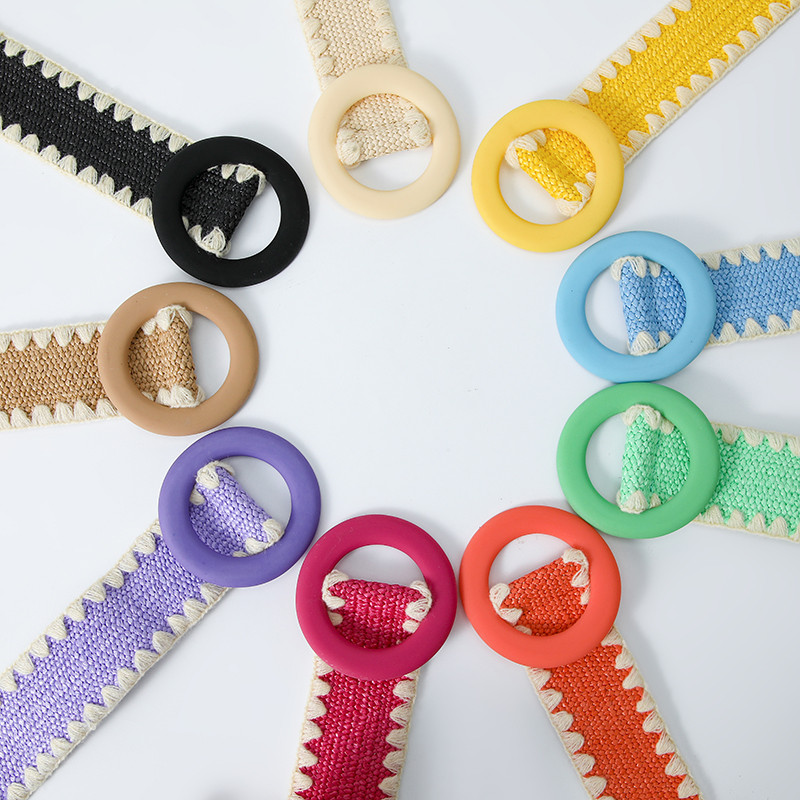 Beltox női divatos öv szalmából szőtt elasztikus széles pánt hozzáillő kerek csattal