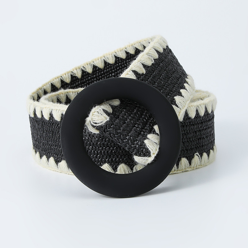 Beltox női divatos öv szalmából szőtt elasztikus széles pánt hozzáillő kerek csattal