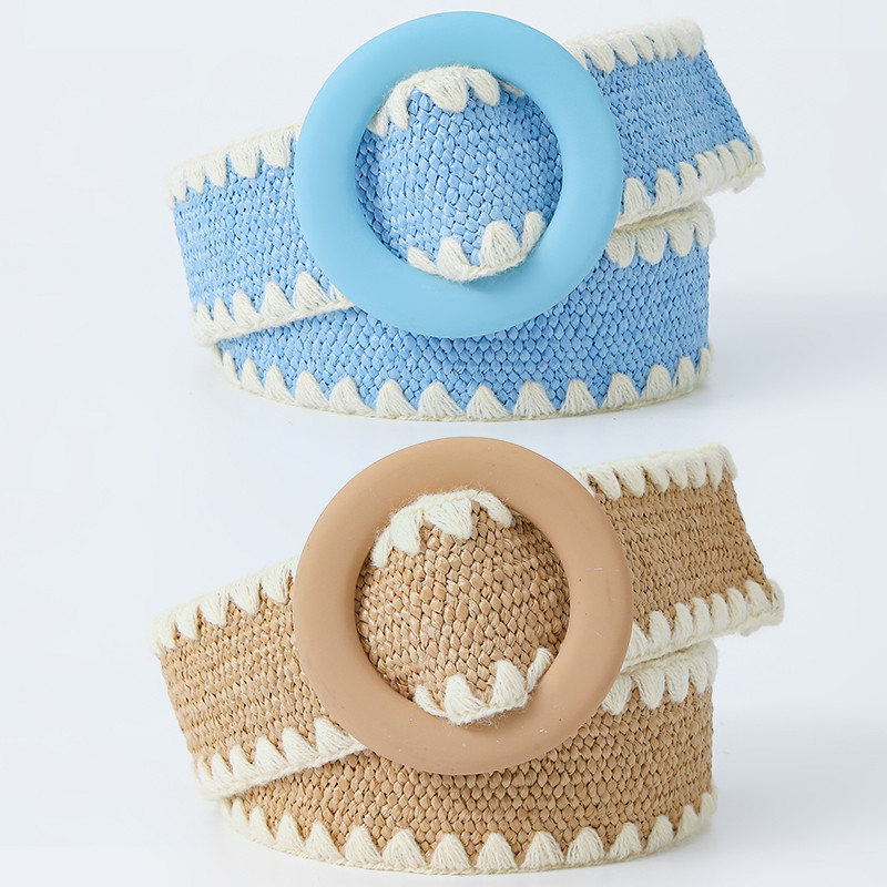 Beltox női divatos öv szalmából szőtt elasztikus széles pánt hozzáillő kerek csattal