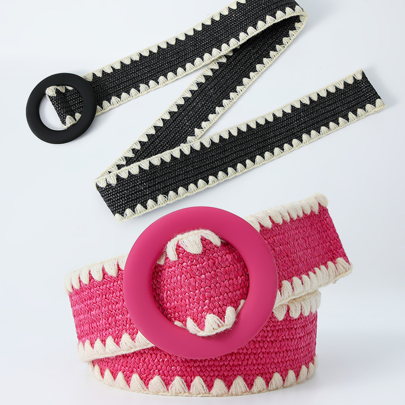 Beltox női divatos öv szalmából szőtt elasztikus széles pánt hozzáillő kerek csattal