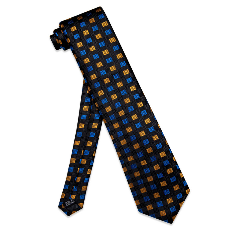 Disainer siidmust lips kuldse ja sinise pleediga igapäevaselt kandvale mehele Luksuslik meeste lips, pulmapidu, moekas meeste aksessuaar