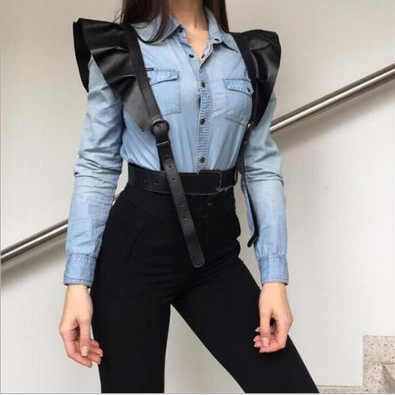 Seksualus moteriškas odinis diržas, moteriškas plonas kūno sudėjimo narvas Punk diržai juosmens petnešėlės, madingi diržo priedai