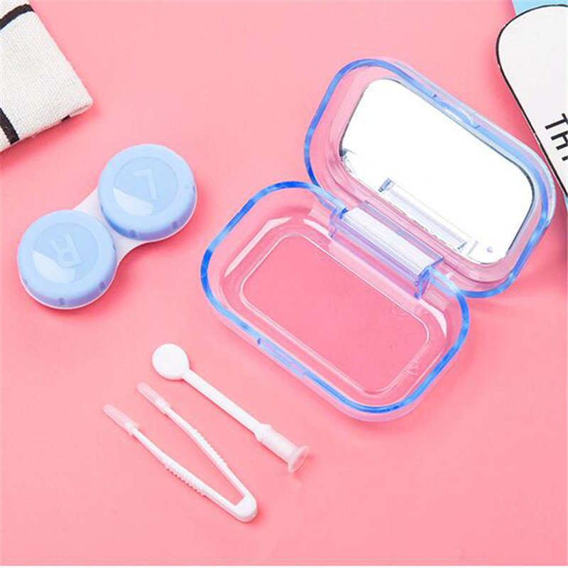Cutie pentru lentile de contact cu desene animate drăguțe cu oglindă Cutie pentru lentile de contact drăguță pătrată Femei Fete Kit lentile de contact de călătorie Cutie container