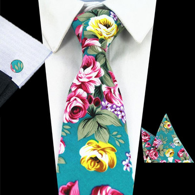 RBOCOTT Set de cravate din bumbac, design nou, 8 cm, cravate florale, batistă și butoni, pentru petrecere de nuntă, cu imprimare, cravate pentru bărbați