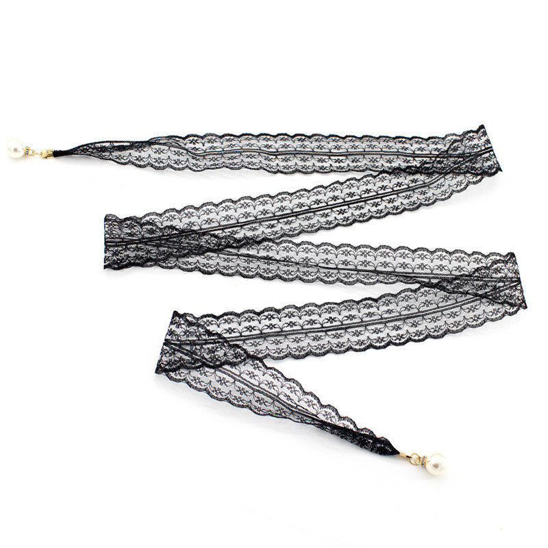 Curele de modă pentru femei dantelă brâu gol cu perle subțiri frânghie pentru rochii ciucuri centură centură nod decorată panglică îngustă negru