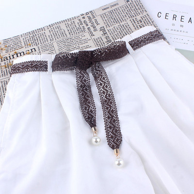 női divat csipke üreges öv vékony gyöngy öv kötél ruhákhoz bojt derékpánt öv csomó díszített keskeny szalag fekete