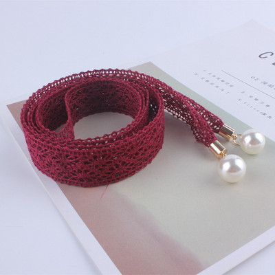női divat csipke üreges öv vékony gyöngy öv kötél ruhákhoz bojt derékpánt öv csomó díszített keskeny szalag fekete