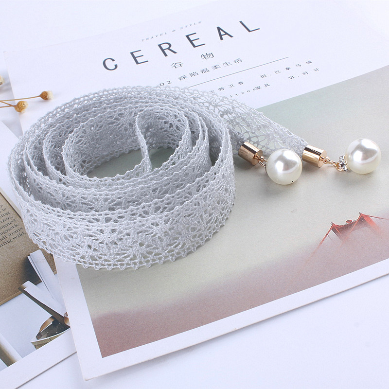 női divat csipke üreges öv vékony gyöngy öv kötél ruhákhoz bojt derékpánt öv csomó díszített keskeny szalag fekete
