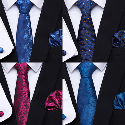 Луксозна 100% копринена вратовръзка носна кърпичка джобни квадратчета комплект копчета за ръкавели вратовръзка за мъже синьо червено аксесоари за дрехи