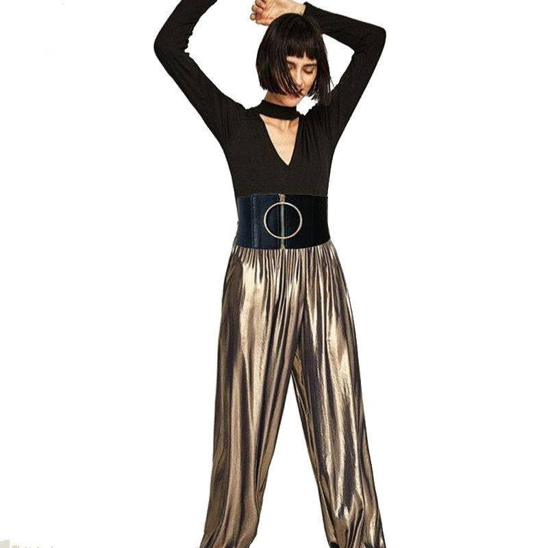 Ženski ultra široki pojas za haljine Ženski elastični pojasevi Ženski veliki metalni kružni prsten Crni remen oko struka s pojasom 124