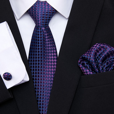 Márkatervező divat Luxus selyemnyakkendő Lila fényes nyakkendők férfiaknak Üzleti formális nyakkendők és zsebkendők és mandzsettagombok