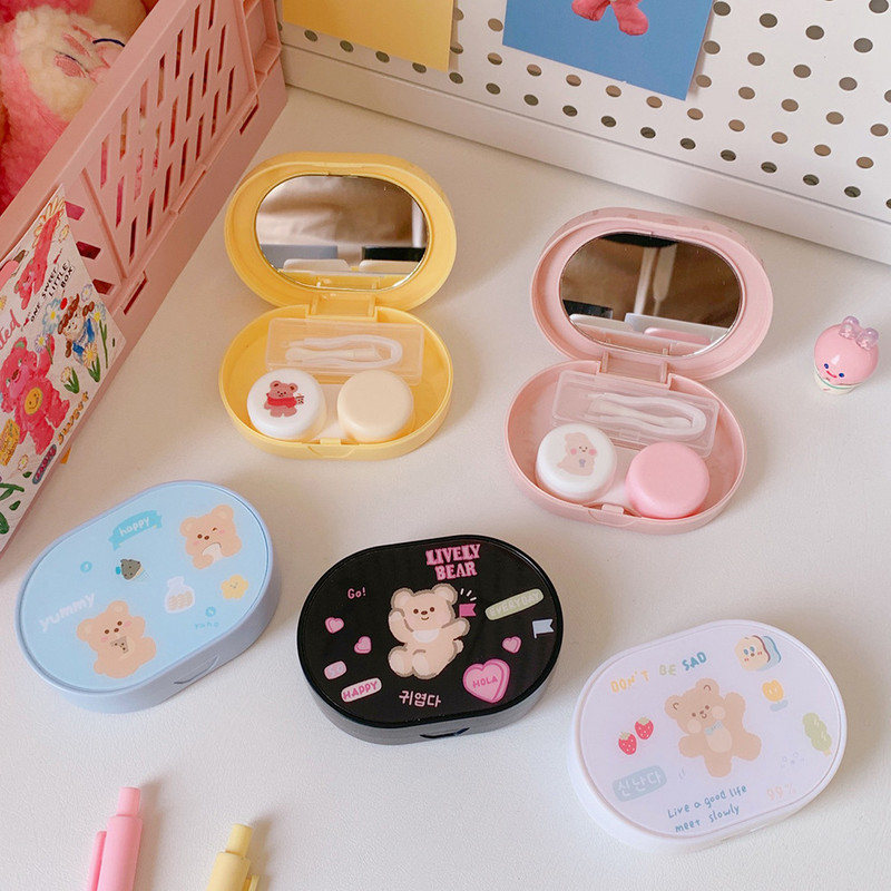 2021 kontaktlencse tok doboz tükörrel Aranyos Medve Női Lány Mini Lovely Eyes Kontaktlencse tartó doboz Táska Utazókészlet