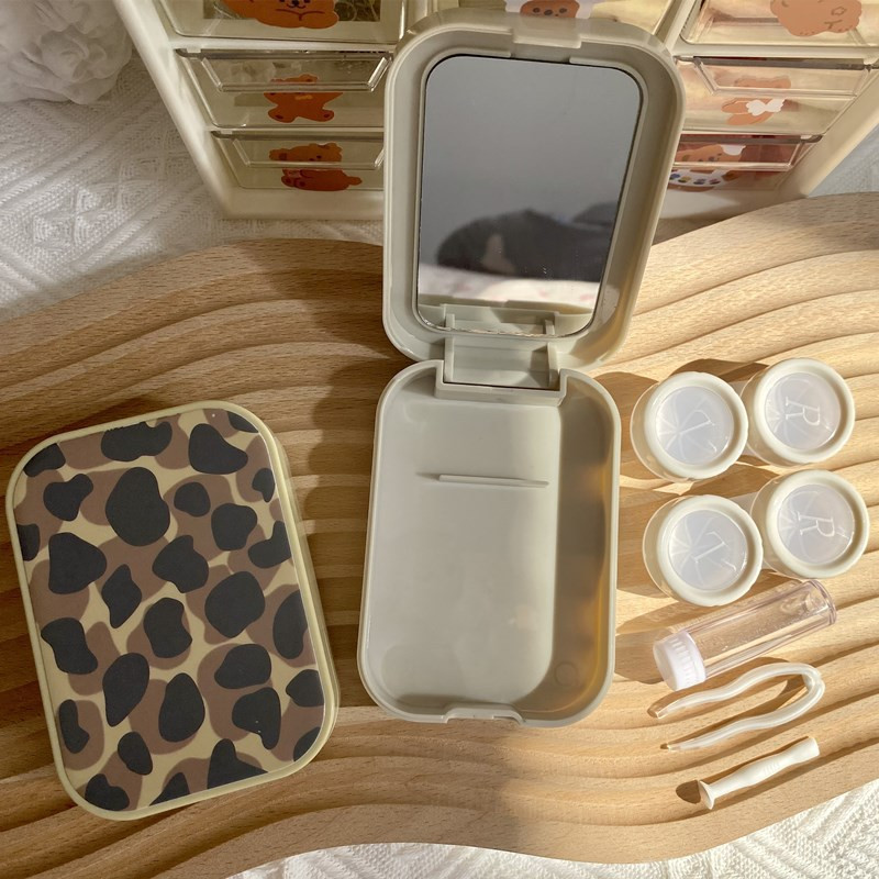 Husă colorată pentru lentile de contact cu imprimeu leopard în dungi Îngrijire însoțitoare Husă pentru lentile de contact pentru frumusețe Pensete gratuite Portând tijă oglindă